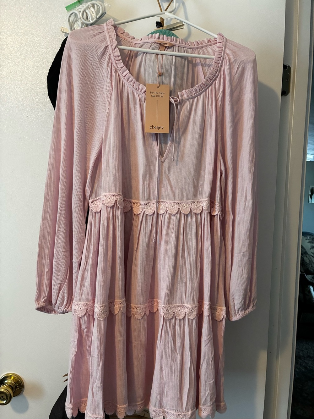 Eberjey Light Pink Tiered Long-Sleeve Dress with Lace Trim